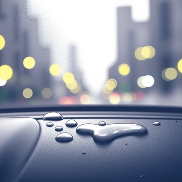 A close-up of water droplets on a car window reflecting city lights