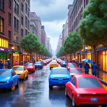 A city street with cars reflected in the wet pavement during a rainstorm