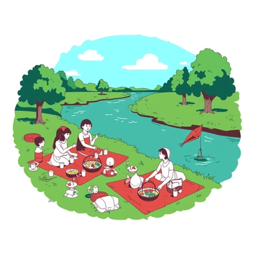 Families having a picnic by the river with blankets and baskets