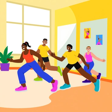 A group of four students is practicing a fun dance routine in a bright and spacious dance studio. The students are wearing colorful workout clothes, such as a red tank top, blue leggings, a yellow t-shirt, and black shorts. They are smiling and moving in synchronization. Large mirrors line one wall, reflecting their energetic movements. Sunlight streams in through tall windows, illuminating the polished wooden floor. The studio has vibrant posters of famous dancers on the walls, adding to the lively atmosphere.
