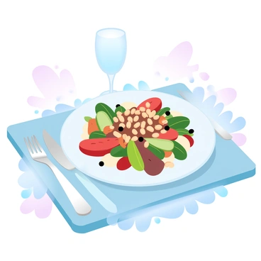 A gourmet dish is presented on an elegant dining table. The dish features a vibrant array of vegetables and ingredients artfully arranged, topped with a sprinkle of roasted cashew nuts. The table is set with fine dining utensils, including a polished fork and knife, and a delicate glass of water is positioned beside the dish. Soft, ambient lighting creates a warm atmosphere, highlighting the colors and textures of the food. A decorative tablecloth adds an extra layer of sophistication to the scene.