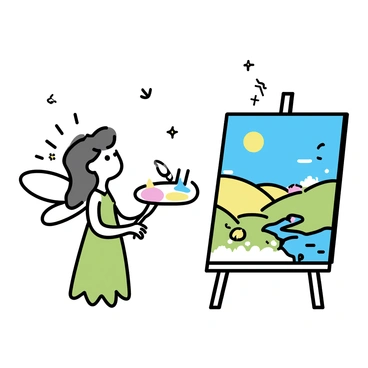 A fairy with delicate wings, wearing a flowing green dress, stands in front of a large canvas. She is holding a paintbrush, with vibrant colors on her palette. The canvas features a landscape with rolling hills, a bright blue sky, and a sparkling river. Elements from the painting appear to be emerging from the canvas, such as flowers blooming and birds taking flight. The fairy has a focused expression as she brings the scene to life.