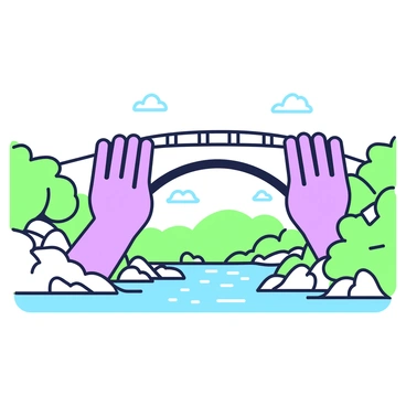 A bridge spans across a river, supported by enormous hands emerging from the water below. The hands are large and detailed, fingers spread wide as they cradle the structure above. The bridge itself is made of stone, featuring arches and railings. The river flows calmly beneath, reflecting the scene above. Surrounding the river, the landscape includes a mixture of trees and rocks, creating a natural setting for this dramatic scene. The sky is clear, allowing ample light to illuminate the bridge and hands.