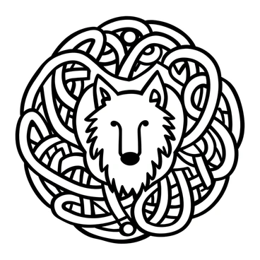 A detailed illustration of a "wolf head" at the center, surrounded by "intricate Celtic knotwork designs" that weave around and through the wolf's form. The knotwork features interlocking patterns and loops, emphasizing the connection between the wolf and the designs. The entire composition is rich with contrasting black and white elements, highlighting the sharp contours of the wolf's features against the complexity of the knotwork.