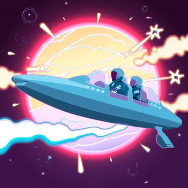 A team of space explorers navigating through vibrant solar flares in a sleek, futuristic solar-powered spacecraft. The vessel is elongated with a smooth metallic surface, reflecting the colors of the flares around it. The explorers, wearing advanced space suits with illuminated panels, are seen inside the craft, focused on their instruments. Bright, swirling clouds of solar flares in shades of orange, yellow, and red surround the craft, creating a dramatic and dynamic atmosphere. The stars of the galaxy are visible in the background, adding depth to the scene.