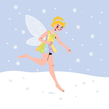 A sugar plum fairy with delicate, iridescent wings is gracefully dancing in a field covered with fluffy white snow. The fairy has a glittering dress adorned with vibrant colors and sparkling sequins. Around her, numerous shimmering snowflakes gently fall from a clear blue sky, creating a magical atmosphere. The ground is blanketed in soft, untouched snow, reflecting the light of the sun. The scene captures the enchanting movement of the fairy as she twirls among the sparkling flakes.