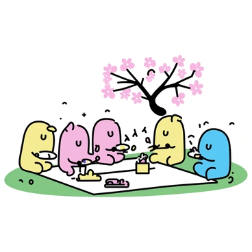 A group of colorful peeps enjoying a picnic under a cherry blossom tree