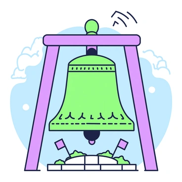 A giant bell is prominently displayed in the center of the image, suspended from a robust wooden frame. The bell is shaped classically, with a slightly flared lip and engraved designs around its surface. Striking the bell is a large, sturdy clapper that swings down dramatically, creating the sensation of movement. Surrounding the bell, there are sound waves depicted, radiating outward, symbolizing the "sound of liberty." The background features a clear blue sky, emphasizing the significance of the bell and its message. At the bottom of the image, there is a stone base upon which the bell rests, adorned with small flags fluttering lightly in the breeze.