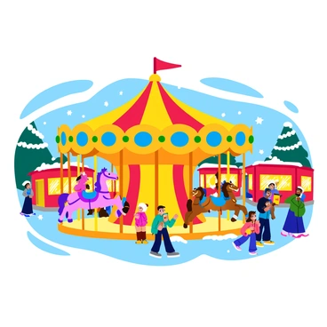A vintage merry-go-round with colorful horses and ornate decorations is the centerpiece of the scene. Children are smiling as they ride the merry-go-round, their faces filled with joy. Surrounding the fair are stalls filled with festive treats and holiday decorations. Twinkling lights are strung overhead, creating a warm glow that enhances the festive atmosphere. Snow gently falls, covering the ground and adding to the magical feeling of the Christmas fair. Families are gathered around, taking in the sights and sounds of the joyful celebration.