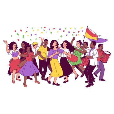 People from various cultures dancing together in a vibrant parade