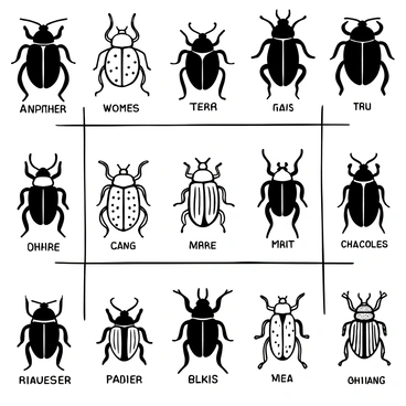 A chart featuring various beetle species arranged in a grid format. Each beetle is depicted in intricate detail, showcasing their distinct patterns and textures. The chart includes labels beneath each beetle, with names in clear, bold text. The background is plain to emphasize the beetles' designs.