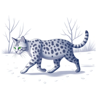 A Bengal cat with distinct spotted fur is cautiously walking through a snowy landscape. The cat's green eyes are alert, focused on its surroundings. Snow is blanketing the ground, creating a smooth, white surface that contrasts with the cat's markings. Small snowflakes are gently falling around the cat, adding to the wintry atmosphere. In the background, there are bare trees with branches dusted with snow, completing the serene winter scene.