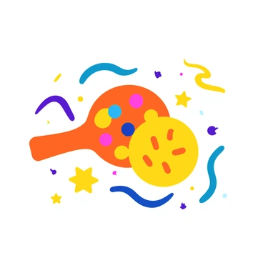 A pickleball paddle with a vibrant design featuring a colorful pattern on the surface. Next to the paddle, there is a bright yellow pickleball with distinctive holes visible. Surrounding the paddle and ball are decorative elements like swirling lines and small stars in various colors, creating a lively atmosphere. The composition highlights the paddle and ball centrally, drawing attention to their details and the playful decorative accents surrounding them.