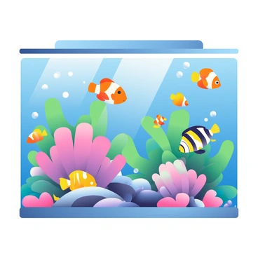 A colorful tropical fish tank is filled with various species of vibrant fish swimming among coral formations. The tank features bright blue water, where schools of yellow and orange clownfish dart playfully among the soft pink and purple corals. There are larger fish with striking patterns, like a majestic angelfish with bold stripes and spots. The tank has an assortment of plant life with lush green foliage, providing habitats for the smaller fish. Tiny bubbles rise from the bottom of the tank, creating a lively atmosphere. The lighting in the tank highlights the vivid colors of the fish and the coral, enhancing the overall vibrancy of the scene.