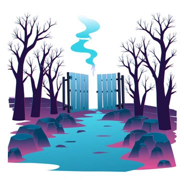 A charred forest path, with blackened tree stumps and ashen ground, leads toward a weathered wooden gate. The gate is slightly ajar, its paint peeling and wood aging, suggesting neglect. Above the path, wispy tendrils of smoke rise into the sky, hinting at a distant fire. The surrounding landscape is filled with scorched trees, their branches devoid of leaves, creating a haunting yet captivating scene. The atmosphere is thick with the remnants of past flames, adding a somber mood to the image.