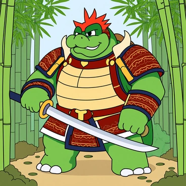 A large, cartoon-like Bowser with green skin and a spiked shell. He is dressed in traditional samurai armor with intricate patterns, featuring red and gold accents. Bowser holds a shiny katana in his right hand, showcasing its sharp blade and ornate hilt. The scene is set in a lush bamboo grove, with tall green bamboo stalks surrounding him, swaying slightly in the breeze. The ground is covered with soft moss and scattered leaves, creating a vibrant and lively atmosphere. Bowser's facial expression is focused and determined, embodying the spirit of a warrior.