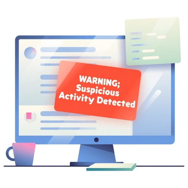 An email inbox is displayed on a computer screen, showing multiple email messages listed in various colors. One email stands out prominently, glowing red with a bold typeface that reads "WARNING: Suspicious Activity Detected." The email is slightly larger than the others, drawing attention to it. The surrounding emails are in muted tones of blue and gray, with standard subject lines. The background of the image features a blurred view of a workspace, with a coffee mug and a notepad partially visible in the frame. A soft light reflects off the screen, enhancing the focus on the glowing red email.