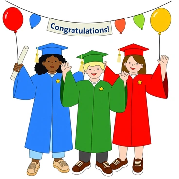 A group of three smiling children standing together, each wearing colorful graduation caps and gowns. The first child is a girl with curly black hair, wearing a bright blue gown and a matching cap. Next to her is a boy with short blonde hair, dressed in a green gown and cap, holding a rolled-up diploma in one hand. The third child, a girl with straight brown hair, is wearing a red gown and cap, and she has her arms raised in excitement. They are surrounded by colorful balloons and a banner that reads "Congratulations!" hanging in the background. Each child has a star-shaped pin on their gown, symbolizing their dreams and aspirations.
