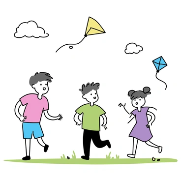 A group of three children, two boys and a girl, are playing with colorful kites on a grassy field. The first boy, wearing a red t-shirt and blue shorts, has a vibrant yellow kite soaring high above him. The second boy, dressed in a green t-shirt and black pants, is holding a blue kite that flutters in the breeze. The girl, with pigtails, is wearing a purple dress and is running with a green kite trailing behind her. The sky is clear and bright, filled with a few fluffy white clouds. Sunlight casts gentle shadows on the ground, emphasizing the joyful expressions on the children's faces as they run and laugh together.