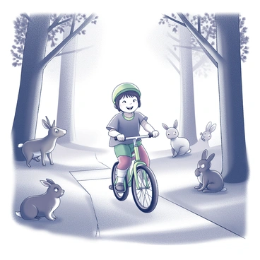 A child is riding a bicycle on a narrow path in a forest. The child has a joyful expression, wearing a helmet and colorful clothing. Surrounding the path are various forest animals, including a curious deer peeking from behind a tree, a couple of rabbits sitting on the grass, and a squirrel climbing a nearby branch. Sunlight filters through the leaves, casting dappled shadows on the ground. The atmosphere is lively, with the animals appearing intrigued by the child on the bike.