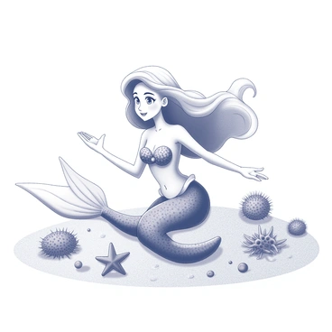 A playful mermaid with flowing hair sits gracefully on the ocean floor. She has a shimmering tail, detailed with scales, and her arms are playfully outstretched. Around her, various starfish with distinct shapes and patterns are scattered across the sandy bottom. Several sea urchins, with their spiny structures, are nestled in the sand nearby. The underwater scene is filled with intricate textures and shapes, capturing the essence of marine life.