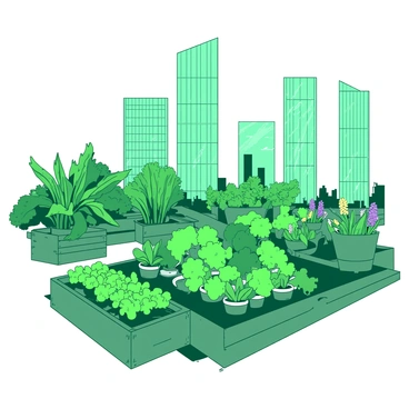 A green rooftop urban garden is filled with various pots of herbs and vegetables, showcasing vibrant green leaves and colorful blossoms. The pots are arranged in neat rows along the edges of the garden, and a few wooden crates are placed throughout, providing additional planting space. In the background, several tall, sleek skyscrapers rise against the sky, with their reflective glass windows creating a striking contrast to the greenery of the garden. The scene captures a blend of urban life and nature.