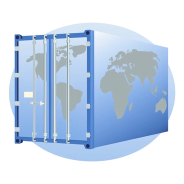 A shipping container is centered in the image, painted in a vibrant blue color. The container's sides are adorned with outlines of continents in a light gray shade, clearly visible against the blue background. The outlines are detailed and accurately represent the shapes of the continents. The container has metal accents, including locks and hinges, that add a realistic touch. The scene is set against a subtle gradient background that transitions from light blue at the top to white at the bottom, enhancing the focus on the shipping container's design.