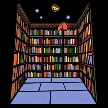 A mysterious library with books floating and magical lights illuminating the shelves