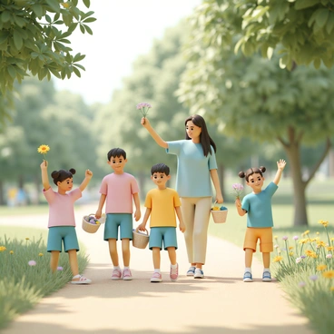 A group of five preschool children, wearing colorful t-shirts and shorts, are walking along a dirt path in a lush green park. Each child holds a small basket or a handful of wildflowers in various hues of yellow, pink, and purple. The teacher, a woman in a light blue blouse and khaki pants, walks alongside them, pointing out different types of flowers. The children, full of excitement, are kneeling to examine the flowers closely, while one child is standing with arms raised, celebrating their find. Sunlight filters through the trees, creating a warm, inviting atmosphere.