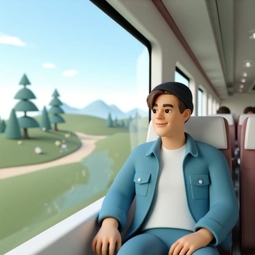 A man, wearing a blue denim jacket and a black beanie, is sitting by a train window. He has short brown hair and a slight smile on his face as he gazes out. The scenery outside showcases rolling green hills, dotted with wildflowers, and a clear blue sky above. As the train moves, blurred images of tall trees and distant mountains can be seen in the background. The interior of the train is lined with comfortable seats and soft lighting.