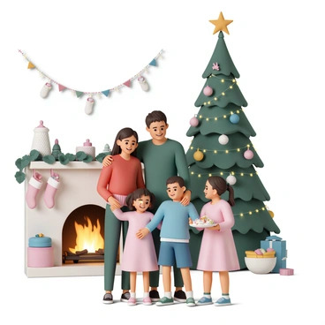 A cozy living room filled with festive holiday decorations. A tall, decorated Christmas tree stands in the corner, adorned with colorful ornaments and twinkling lights. A fireplace is lit, with stockings hanging from the mantel. A family of four is gathered around, smiling and sharing laughter. The mother, wearing a red sweater, is holding a plate of cookies. The father, in a green shirt, is wrapping an arm around their two children, a boy dressed in a blue sweater and a girl in a pink dress. Garlands and string lights add a warm glow to the scene, creating a joyful atmosphere. On the table, there are holiday-themed decorations and a bowl of ornaments.