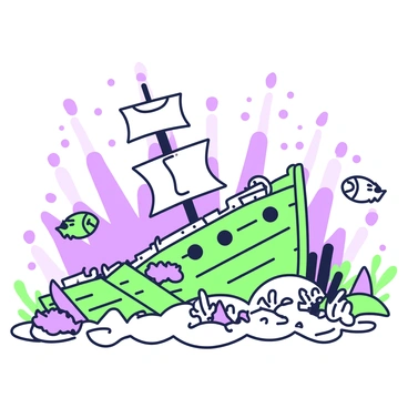 A sunken pirate ship lies on the ocean floor, partially covered in sand. The ship's wooden hull is splintered, with tattered sails billowing in the water currents. Curious fish of various shapes and sizes swim around the wreck, their fins gracefully moving as they investigate the ship. Coral and seaweed have begun to grow on the ship, adding to the underwater scenery. Bubbles rise from the ship, creating a sense of motion and life in the deep sea surroundings. In the background, faint beams of light filter through the water, illuminating the scene.