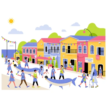 A coastal village with colorful homes lining the shore, decorated with vibrant banners and flags. The streets are filled with villagers wearing bright costumes inspired by tarpons, showcasing shades of silver and blue. Participants are marching in a parade, some carrying large tarpon float replicas adorned with glittering sequins. Festive decorations hang from the balconies, and small stalls display local crafts and food. The sky is clear, and the sun shines down on the lively scene, creating a joyful atmosphere.