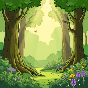 Bright sunlight filters through the dense canopy of a lush green forest. Shafts of golden light illuminate various shades of green leaves and moss-covered tree trunks. The forest floor is dotted with vibrant wildflowers in hues of purple and yellow, while ferns unfurl gracefully around the base of ancient trees. A light mist hangs in the air, adding a soft glow to the scene, and small birds flit between the branches, their colorful feathers catching the sunlight. The overall atmosphere is filled with life and vitality, showcasing the beauty of a thriving ecosystem.