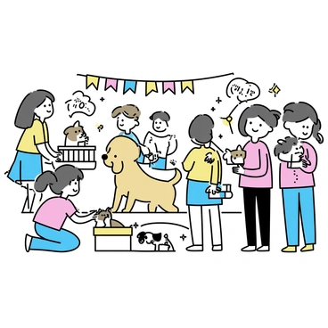 A pet adoption event taking place in a sunny park, with colorful banners and signs reading "Adopt a Pet" hanging in the background. Several families are gathered around, smiling and interacting with various adorable animals. A child is kneeling down, petting a fluffy golden retriever puppy while its tail wags happily. Nearby, a family of four stands next to a small kitten in a basket, with the parents smiling down at their excited children. In another area, a woman is holding a playful beagle, its ears flopping as it looks up at her with big, friendly eyes. The atmosphere is lively, filled with joy and warmth, as people connect with their future furry companions.