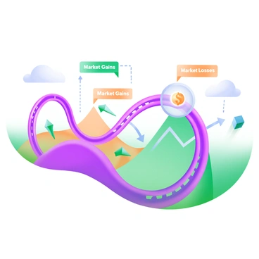 A financial chart designed to resemble a rollercoaster track, featuring clear ups and downs. Each peak and valley is labeled with terms like "Market Gains" and "Market Losses," depicted in bright colors. The track twists and turns through a vibrant background, with the overall layout emphasizing the dynamic movements of the market. Bright icons, such as dollar signs and arrows, are strategically placed along the track to highlight significant points of interest.