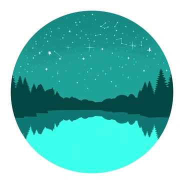 A teal lake is reflecting a white night sky filled with numerous bright stars. The constellations are distinct and visible across the sky, creating a stunning array of shapes. Silhouetted trees border the edges of the lake, providing a dark contrast to the vibrant reflections in the water. The scene exudes a sense of calmness, as the stars twinkle softly above.