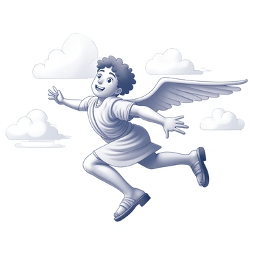 A figure representing the Roman god Mercury is depicted soaring through a cloud-filled sky. He is shown wearing a classic tunic with detailed patterns, and his winged sandals are prominently displayed, illustrating their unique design. Mercury has a playful expression as he glides effortlessly among the fluffy white clouds, with wisps of cloud trailing behind him. His outstretched arms convey a sense of movement and freedom, while his flowing hair is caught in the wind, enhancing the dynamic composition of the scene.