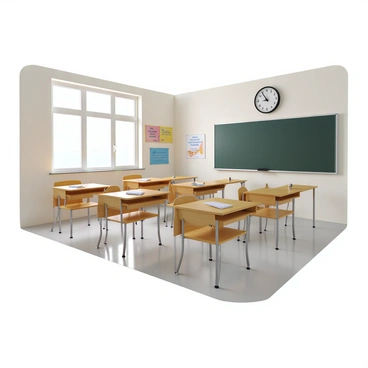 A classroom with light-colored walls and large windows allowing natural light to fill the space. The floor is polished and reflects the sunlight. There are several wooden desks arranged in neat rows, each paired with a sturdy chair. On each desk, there is an empty sheet of paper and a sharpened pencil, ready for use. The blackboard at the front of the room is clean and free of writing, while a clock on the wall shows the time approaching the start of an exam. A colorful poster about studying hangs on one wall, adding a touch of vibrancy to the otherwise orderly environment.