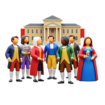 A group of characters wearing period costumes from the 18th century. Each character displays distinct attire, such as breeches, waistcoats, and elegant gowns. The scene includes a grand building in the background, showcasing architectural features typical of the era. Some characters are engaged in conversation, while others are holding historical artifacts. The atmosphere reflects the ambiance of the historical event, with details like banners and period-appropriate props enhancing the setting.