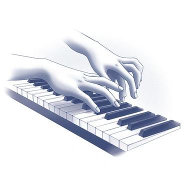 A pair of elegant hands poised above the piano keys. The fingers are delicately curved as they hover over the black and white keys. The hands show a sense of motion, suggesting they are in the midst of a fluid performance. The background is softly blurred to enhance the focus on the intricate movements and the texture of the piano keys. The overall composition captures the artistry and rhythm of the act of playing.
