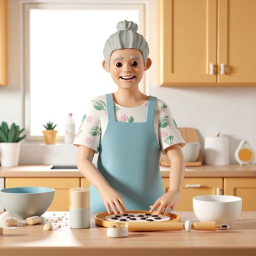 An elderly person, a woman with gray hair tied in a bun, is standing at a wooden kitchen counter. She is wearing a light blue apron over a floral-patterned dress. The counter is filled with various ingredients such as flour, sugar, and chocolate chips, as well as a mixing bowl and a rolling pin. She is smiling while placing dough onto a baking tray. The kitchen is cozy, with warm wooden cabinets and bright sunlight streaming through a window, illuminating the space. The air is filled with the rich aroma of freshly baked cookies, creating a warm and inviting atmosphere.