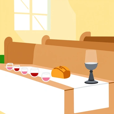 A wooden table set for a communion service inside a church. The table is covered with a white linen cloth. On the table, there is a round loaf of bread, golden-brown and crusty, placed in the center. Surrounding the bread are small, clear glass cups filled with red wine. A simple, elegant chalice stands at the front of the table, gleaming in the light. The background features wooden pews and soft, warm light streaming through stained glass windows, casting colorful patterns on the floor.