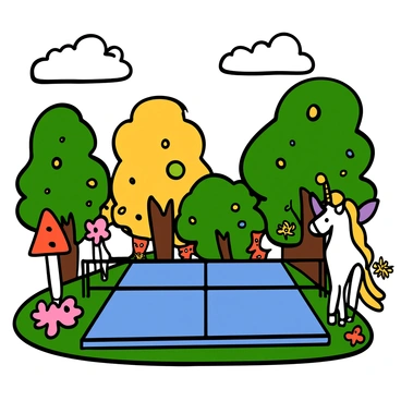 A whimsical pickleball court in an enchanted forest with magical creatures