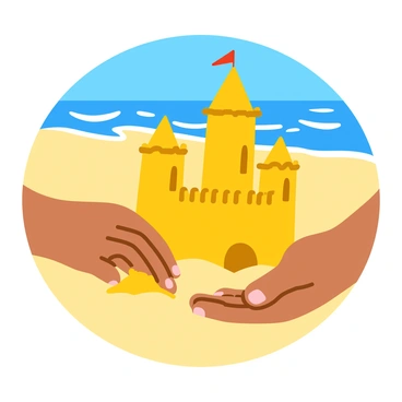 Two hands are actively sculpting a small sandcastle on a sunny beach. The sandcastle features tall towers and a smooth wall, with intricate details like small windows and a flag on top. The background reveals a clear blue sky and gentle waves lapping at the shore. Sunlight casts warm highlights on the sand, creating a vibrant scene. In the foreground, grains of sand cling to the fingertips of the hands, emphasizing the texture of the castle being built.