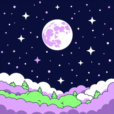 A night sky is filled with numerous twinkling stars scattered across the expanse. In the center of the scene, there is a large moon that has a mystical appearance, casting a soft light. The stars vary in size and brightness, creating a dynamic field of light against the dark backdrop. The overall atmosphere is one of wonder, capturing the beauty of the celestial display.