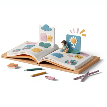 An open interactive book sits on a wooden table, showcasing colorful pop-out elements that appear three-dimensional. The pages are adorned with vibrant illustrations, each featuring various characters and scenes. Some pages have tabs that pull out, revealing hidden surprises, while others have touch-sensitive areas that light up when pressed. The edges of the pages are slightly worn, indicating frequent use, and the book is surrounded by a few scattered art supplies, like colored pencils and markers, adding to the creative atmosphere.