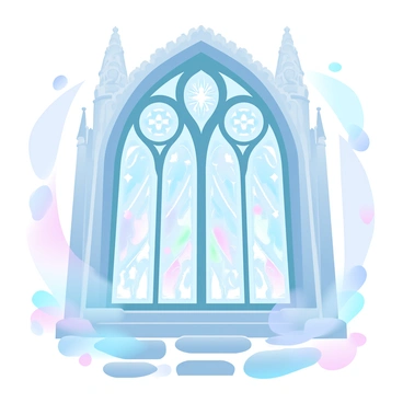 An ornate glass window of a historic cathedral is filled with intricate stained glass patterns featuring geometric shapes and vibrant colors. The window is framed by detailed stonework, with decorative arches accentuating its grandeur. Surrounding the window are subtle hints of the cathedral's architecture, showcasing tall columns and ornate carvings in the background. The light filtering through the stained glass casts soft, colorful reflections onto the stone floor beneath.