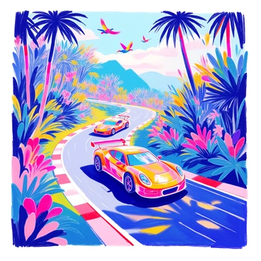 Cars are speeding along a winding racetrack that cuts through a vibrant rainforest. The track is lined with lush green foliage, vibrant flowers, and tall trees that reach towards the sky. Colorful birds are flying overhead, their feathers showcasing bright hues of blue, yellow, and red. The cars are sleek and modern, adding a dynamic contrast to the natural scenery. Sunlight filters through the leaves, casting dappled shadows on the asphalt of the track.