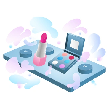 A display featuring various "Dior beauty products" arranged elegantly on a sleek surface. The focal point is a vibrant "lipstick" in a luxurious case, placed alongside an assortment of "eyeshadow palettes" in various colors and finishes. Each palette is opened to reveal its array of shades, highlighting the rich textures. Surrounding the products are delicate decorative elements, such as soft fabric swatches and small, stylish containers. The overall composition showcases the elegance and sophistication of the Dior brand.